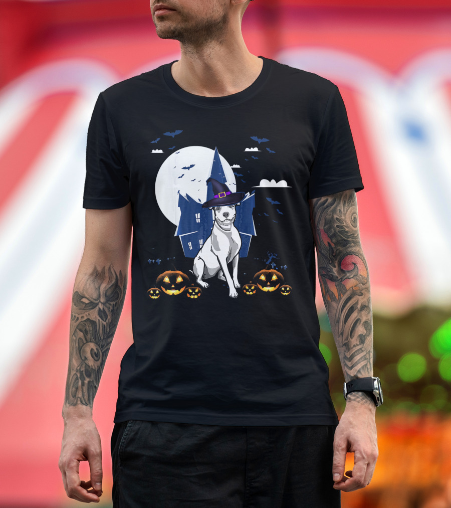Happy Halloween Pit Bull Witch with Haunted House and Jack O'Lanterns T-Shirt