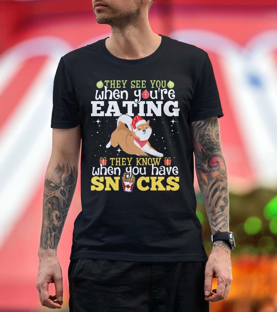 Akita Inu Xmas They See You When You're Eating Snacks Santa Hat Holiday T-Shirt