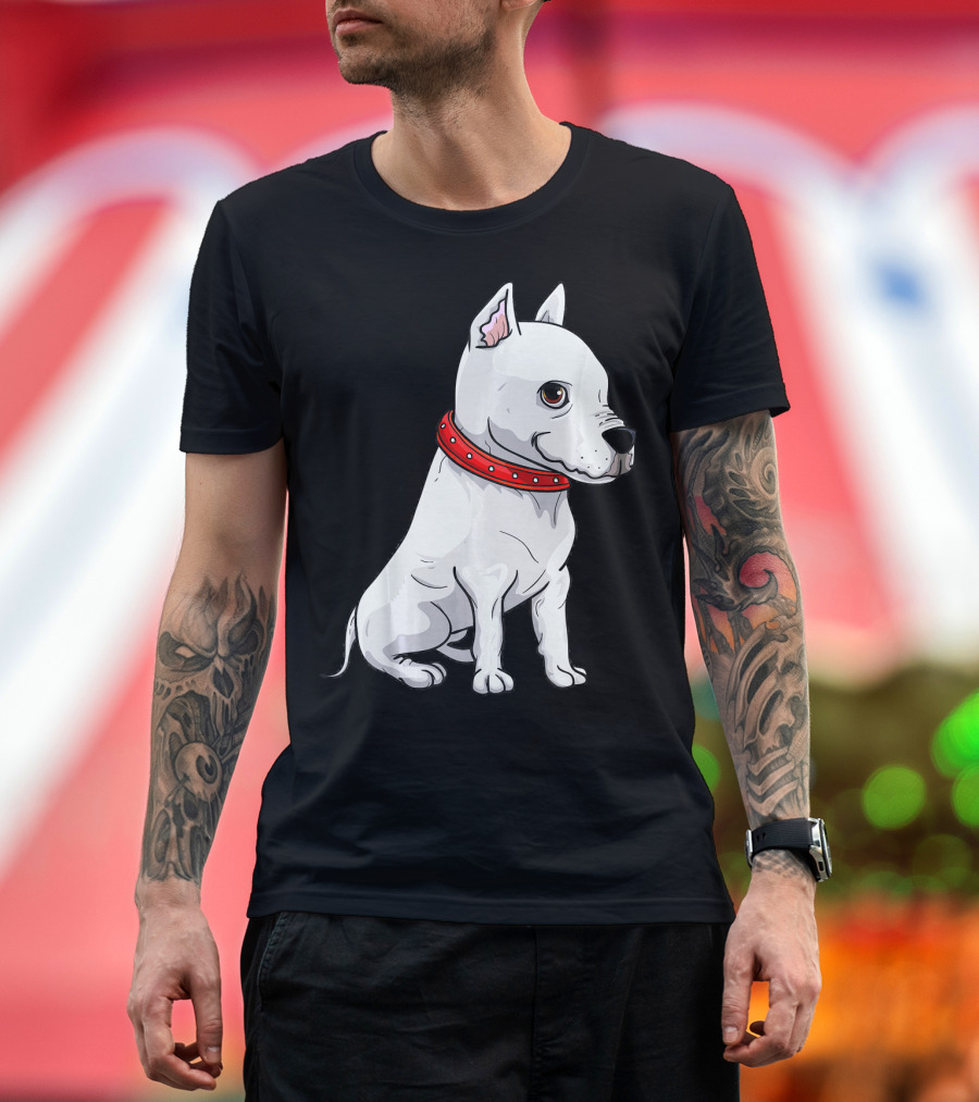 Dog Pit Bull White Breed Loyal Companion Red Collar T-Shirt