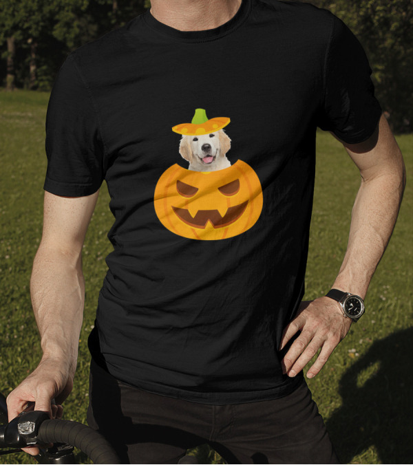 Golden Retriever Puppy Peeking Out From Halloween Pumpkin With Sombrero T-Shirt