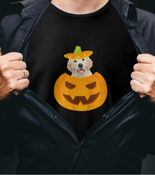 Golden Retriever Puppy Peeking Out From Halloween Pumpkin With Sombrero T-Shirt