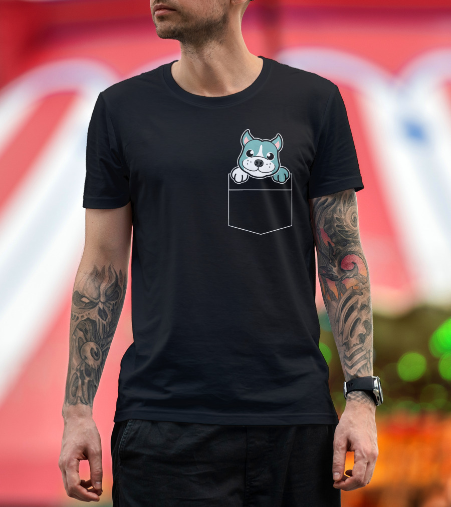 Cute Pit Bull Dog Peeking from Pocket T-Shirt