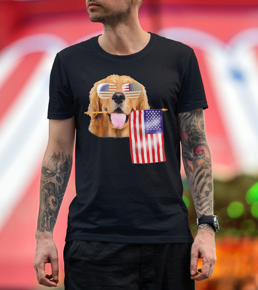 4th of July American Flag Golden Retriever with Sunglasses T-Shirt