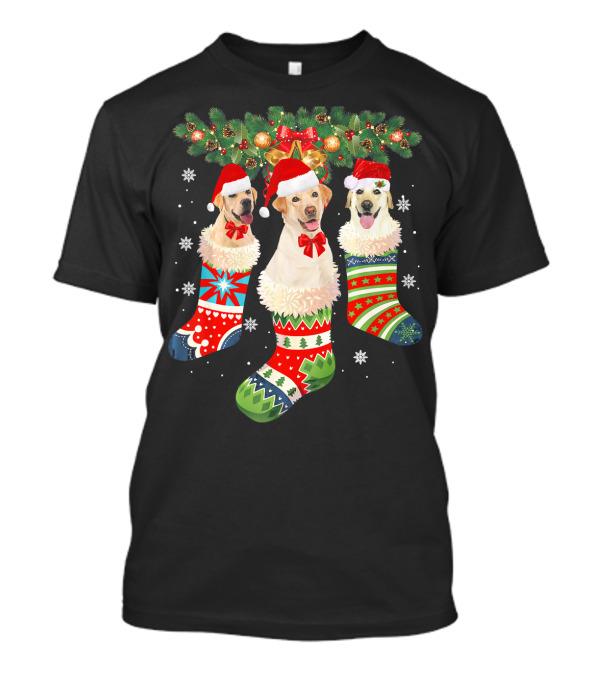 Three Labrador Retrievers In Festive Christmas Stockings With Santa Hats T-Shirt