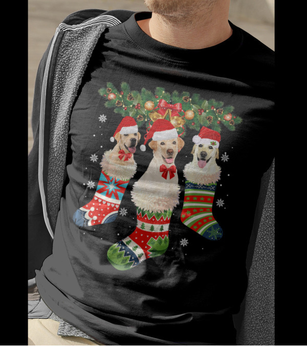 Three Labrador Retrievers In Festive Christmas Stockings With Santa Hats T-Shirt