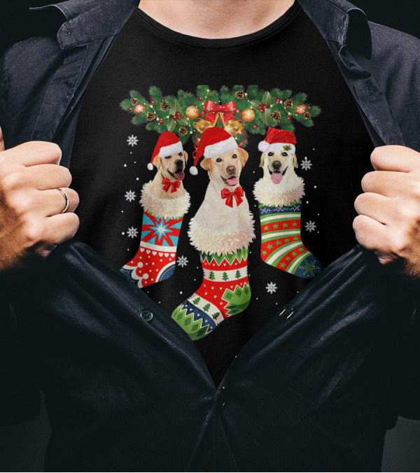 Three Labrador Retrievers In Festive Christmas Stockings With Santa Hats T-Shirt