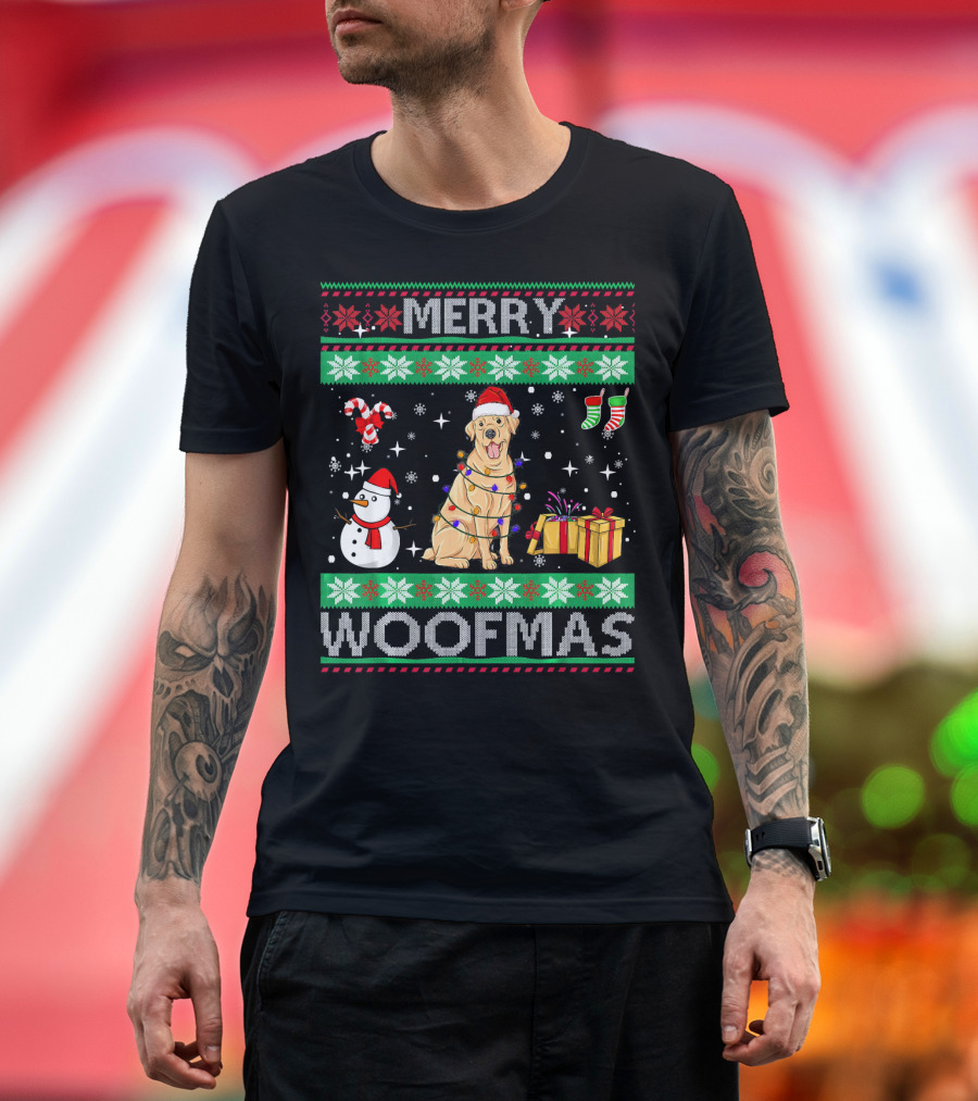 Merry Woofmas Labrador Retriever Dog Christmas Snowman Lights Candy Presents T-Shirt