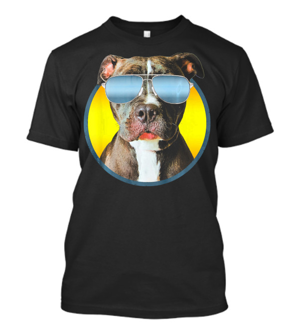 Pitbull With Shades On Yellow Background Funny Pit Bull T-Shirt