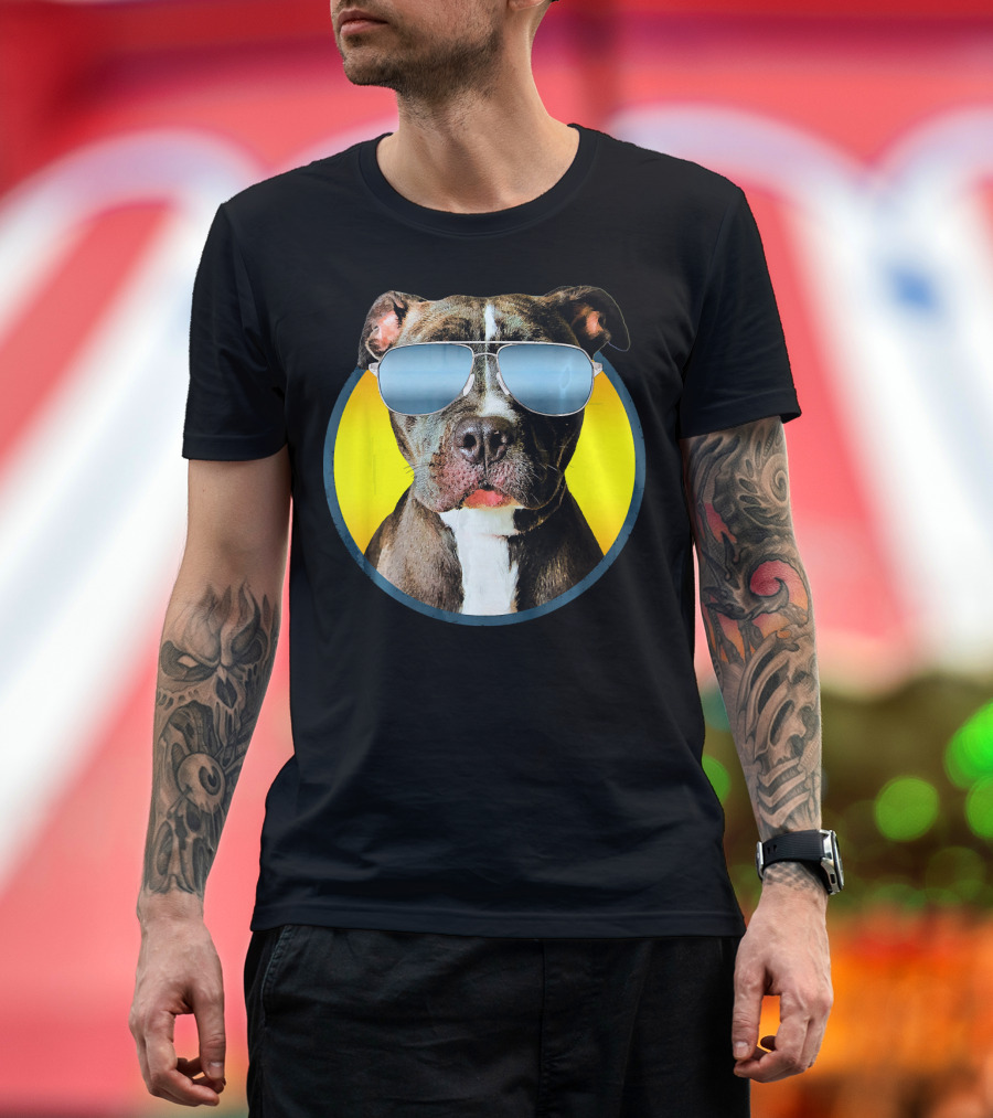 Pitbull With Shades On Yellow Background Funny Pit Bull T-Shirt