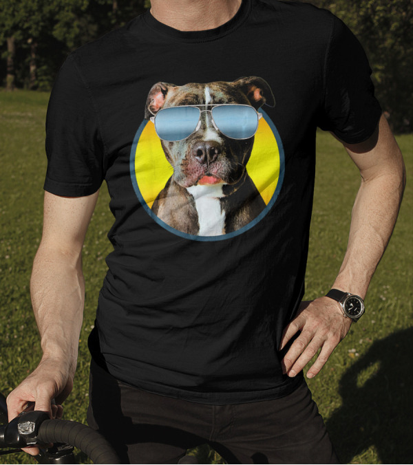 Pitbull With Shades On Yellow Background Funny Pit Bull T-Shirt