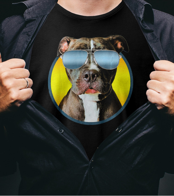 Pitbull With Shades On Yellow Background Funny Pit Bull T-Shirt