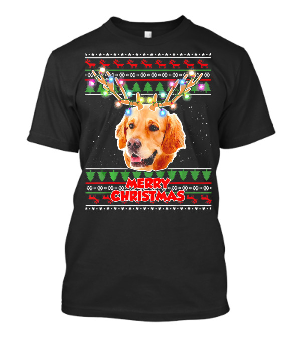 Merry Christmas Golden Retriever With Antler Lights T-Shirt