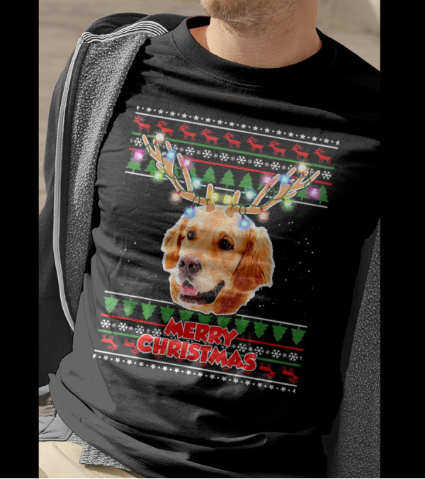 Merry Christmas Golden Retriever With Antler Lights T-Shirt