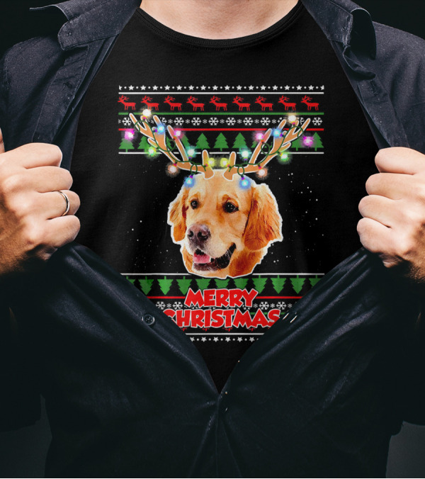 Merry Christmas Golden Retriever With Antler Lights T-Shirt