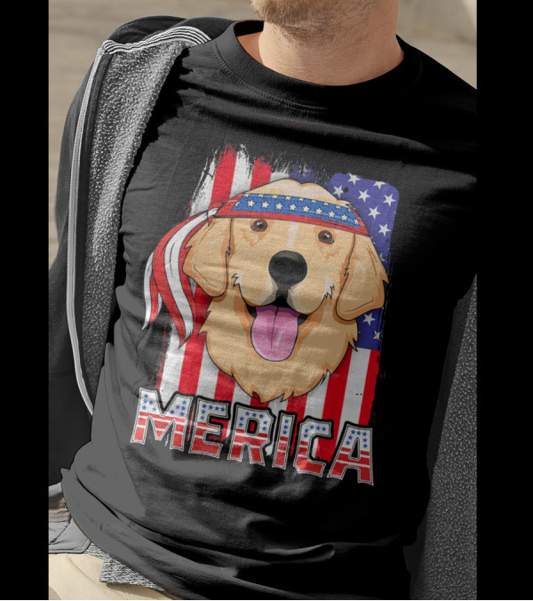 Merica Golden Retriever With American Flag Bandana 4th Of July T-Shirt
