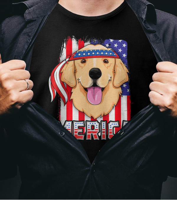 Merica Golden Retriever With American Flag Bandana 4th Of July T-Shirt