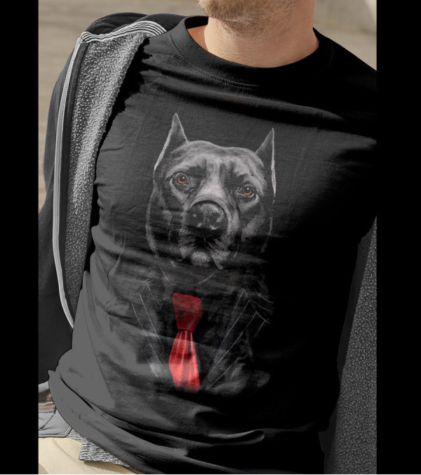 Sharp Looking Pit Bull Dog In Black Suit With Red Tie T-Shirt