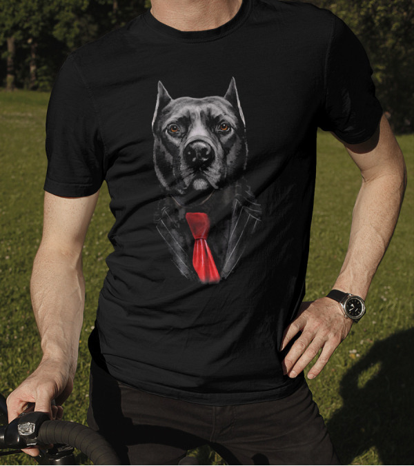 Sharp Looking Pit Bull Dog In Black Suit With Red Tie T-Shirt