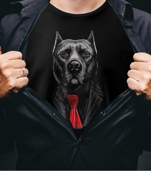 Sharp Looking Pit Bull Dog In Black Suit With Red Tie T-Shirt