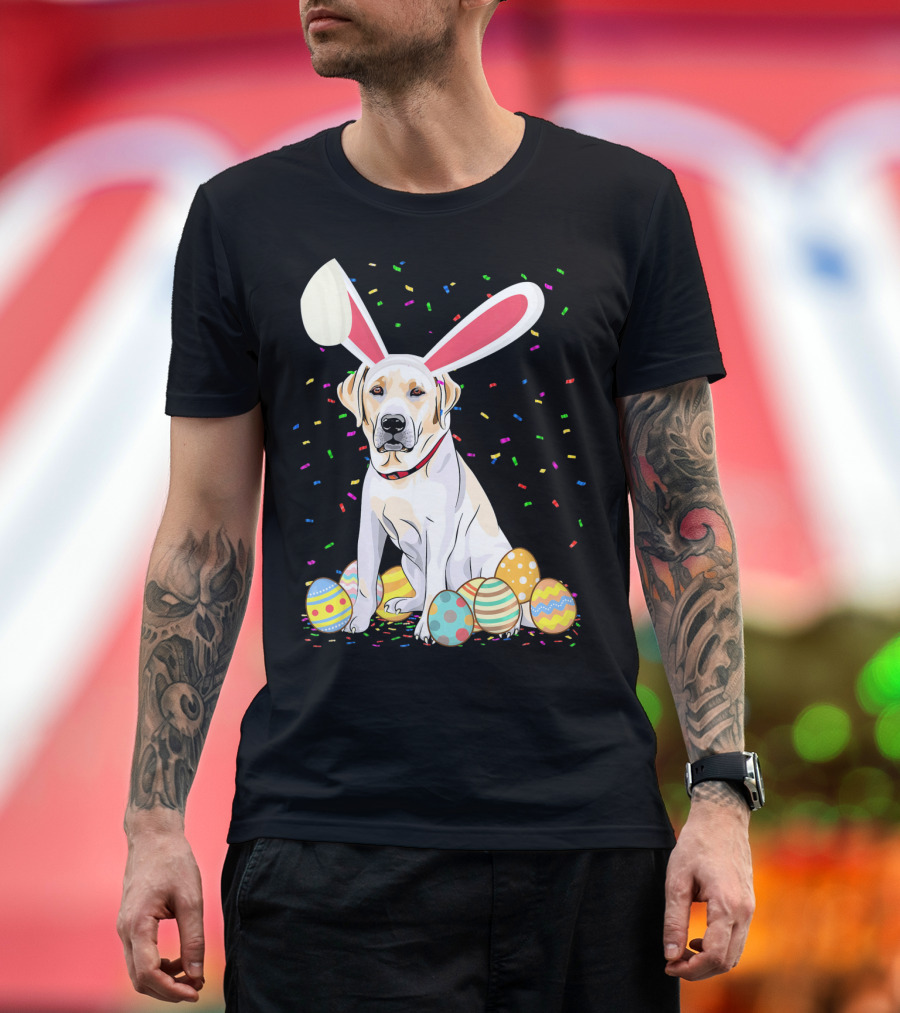 Labrador Dog with Bunny Ears Sitting Among Colorful Easter Eggs T-Shirt