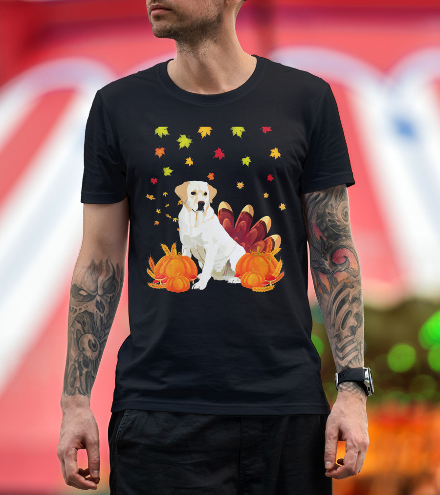 Thanksgiving Labrador Retriever Surrounded by Autumn Leaves and Pumpkins T-Shirt