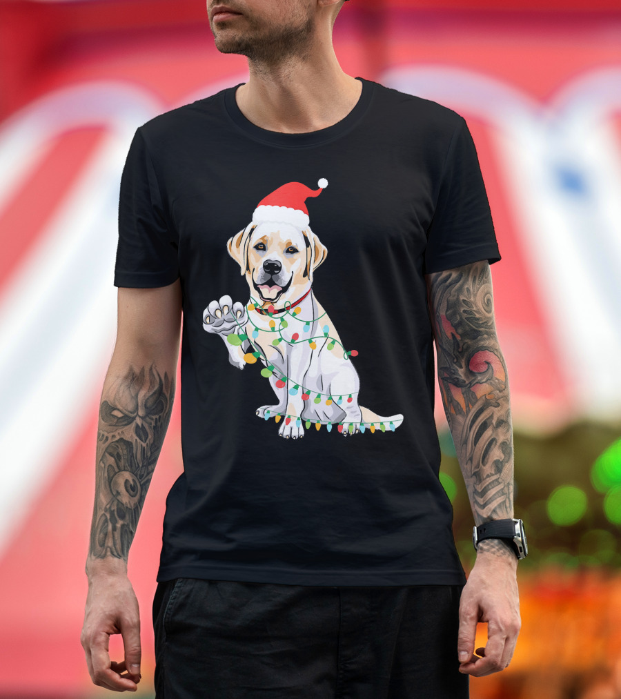 Labrador Retriever Dog Tangled In Christmas Lights with Santa Hat T-Shirt