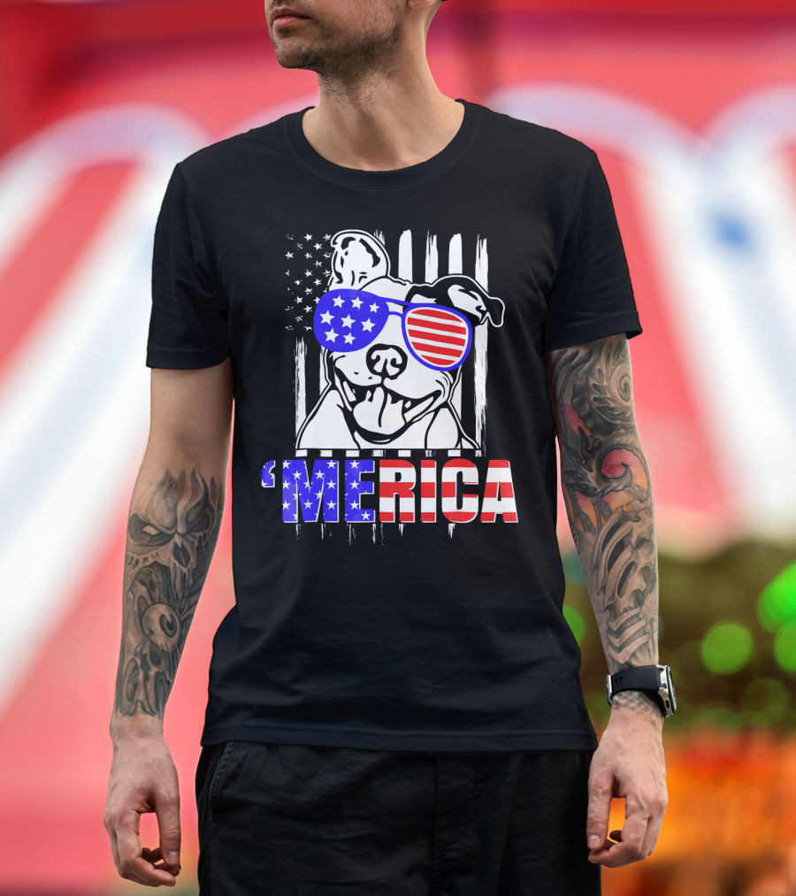 Merica Pitbull with Patriotic American Flag Sunglasses T-Shirt