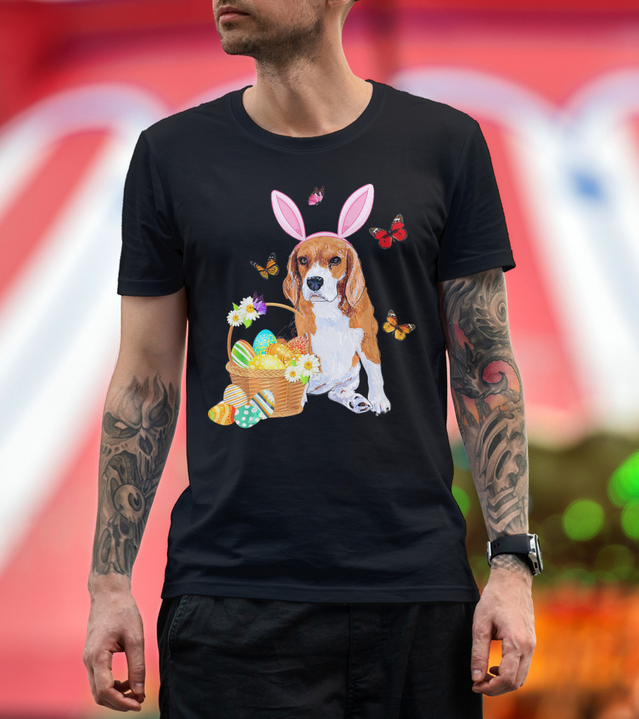 Beagle Bunny Hat Rabbit Easter Eggs Basket Butterflies Flowers T-Shirt