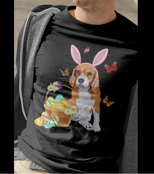 Beagle Bunny Hat Rabbit Easter Eggs Basket Butterflies Flowers T-Shirt