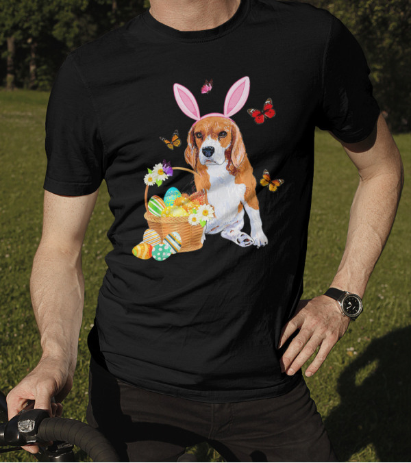 Beagle Bunny Hat Rabbit Easter Eggs Basket Butterflies Flowers T-Shirt
