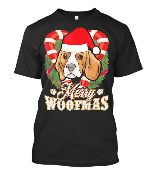 Merry Woofmas Beagle In Santa Hat With Candy Cane And Wreath T-Shirt