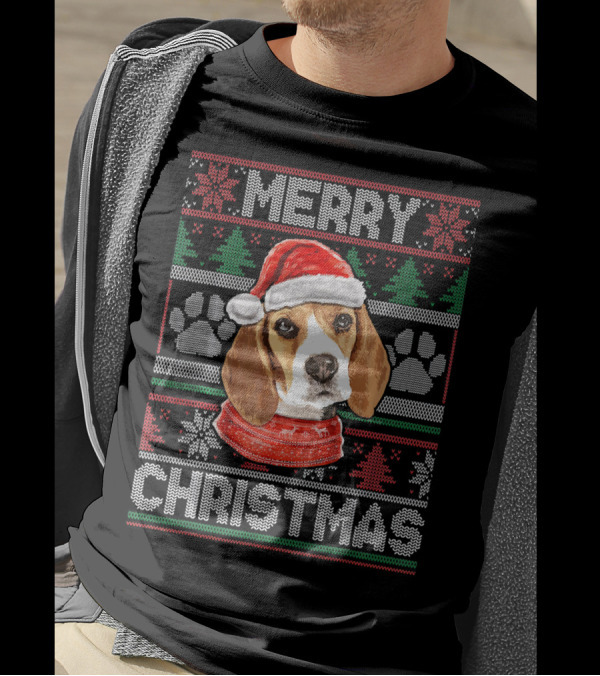 Merry Christmas Beagle Dog Santa Hat Paw Prints T-Shirt