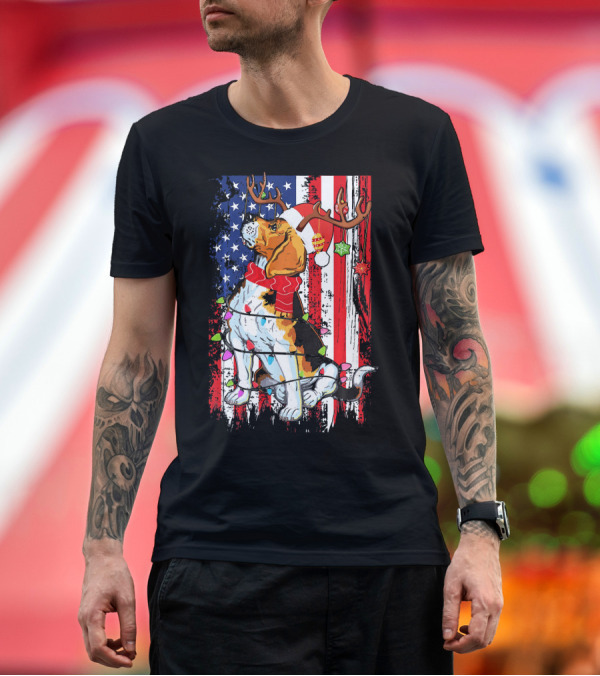 Premium T-Shirt: Beagle Christmas USA Flag with Santa and Reindeer Antlers T-Shirt Beagle Christmas USA Flag with Santa and Reindeer Antlers T-Shirt