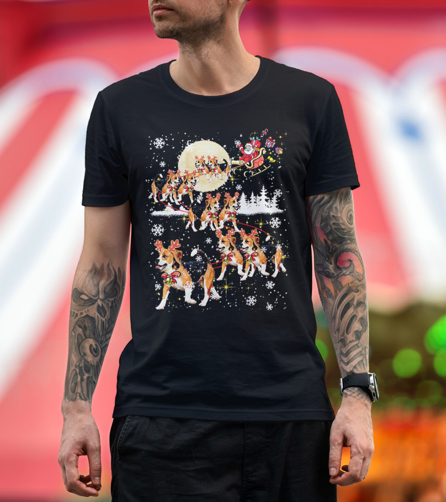 Santa Sleigh Beagle Reindeer Christmas Snowflakes Moon Forest T-Shirt