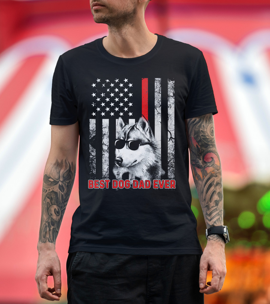 Best Dog Dad Ever USA Flag Husky With Sunglasses T-Shirt