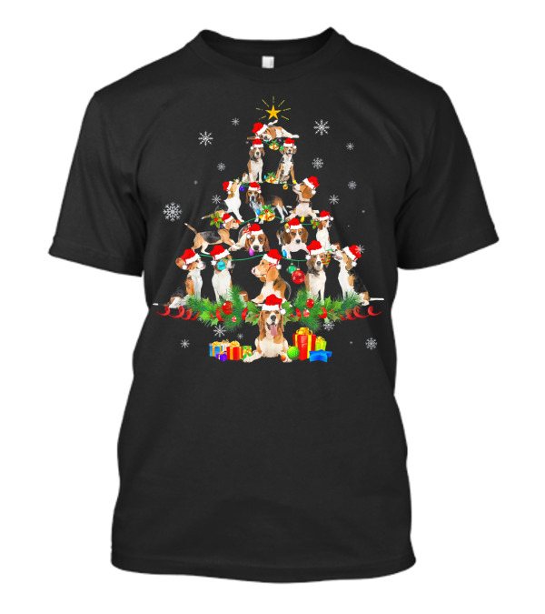 Beagle Dogs Christmas Tree Lights Santa Hats Snowflakes Presents T-Shirt