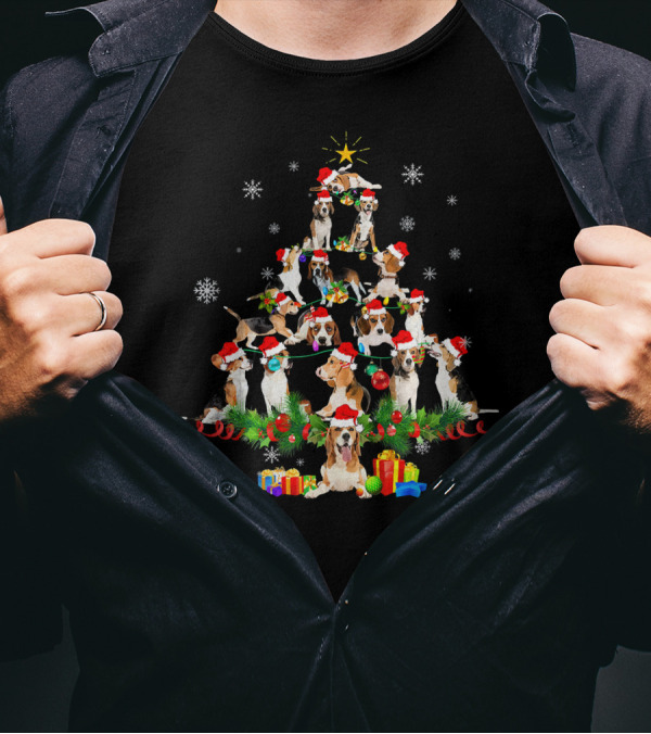 Beagle Dogs Christmas Tree Lights Santa Hats Snowflakes Presents T-Shirt