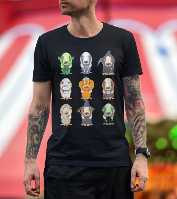 Premium T-Shirt: Cool Halloween Dachshund Dog in Funny Skeleton, Witch, Pumpkin, Vampire, Zombie, and Mummy Germ Costumes T-Shirt Cool Halloween Dachshund Dog in Funny Skeleton, Witch, Pumpkin, Vampire, Zombie, and Mummy Germ Costumes T-Shirt