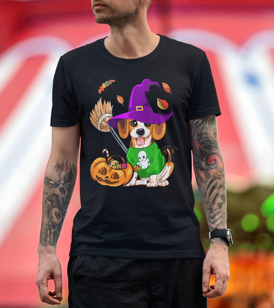 Beagle Puppy in Witch Hat with Halloween Pumpkin Basket T-Shirt