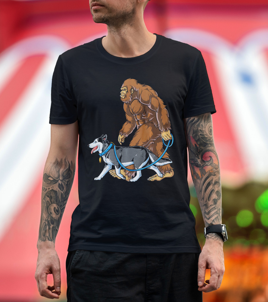 Bigfoot Walking Siberian Husky Sasquatch Dog Walker T-Shirt