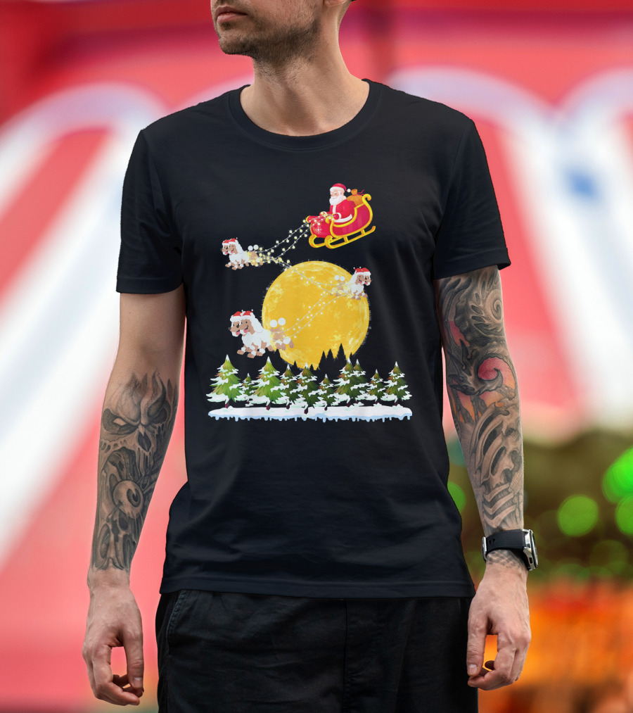 Santa Claus Riding Sleigh with Poodles Over Full Moon Winter Scene T-Shirt