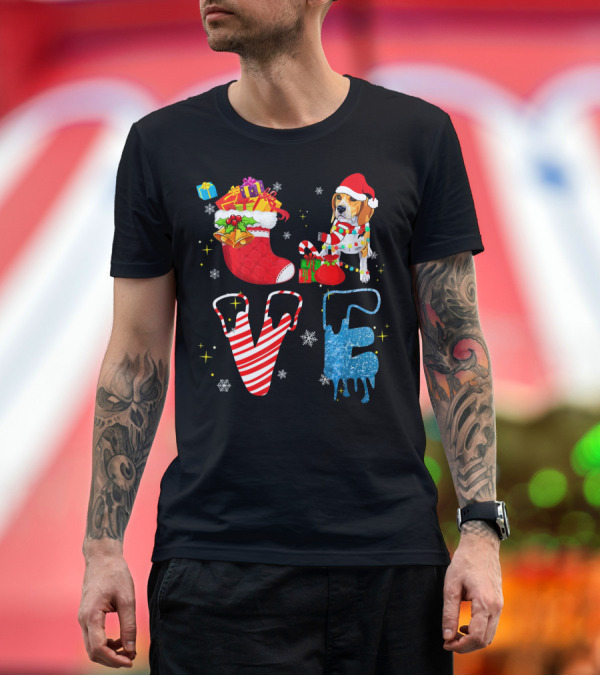 Premium T-Shirt: Beagle Forever Love Christmas Stocking Santa Hat Presents Snowflakes T-Shirt Beagle Forever Love Christmas Stocking Santa Hat Presents Snowflakes T-Shirt
