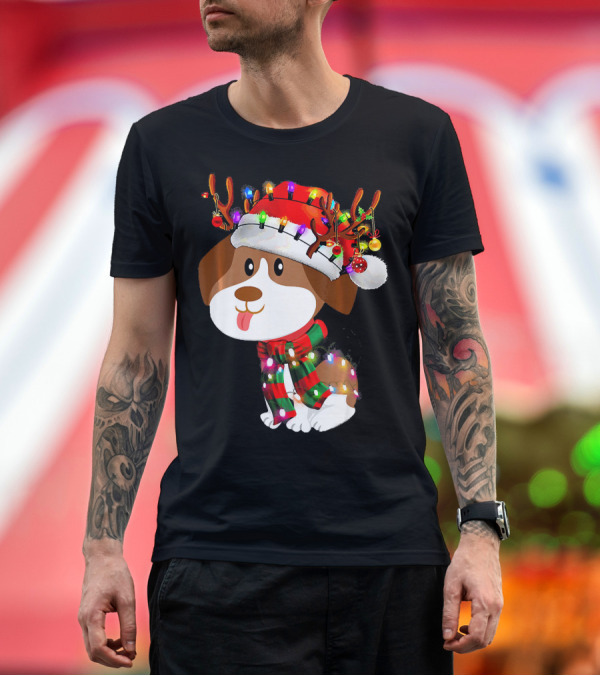 Premium T-Shirt: Beagle Puppy Christmas Reindeer with Santa Hat and Colorful Lights T-Shirt Beagle Puppy Christmas Reindeer with Santa Hat and Colorful Lights T-Shirt