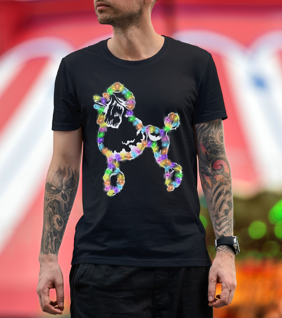Christmas Poodle Lights Xmas Funny Dog Festive Multicolored Humor T-Shirt