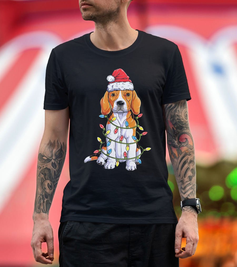 Beagle Wrapped in Christmas Tree Lights with Santa Hat T-Shirt