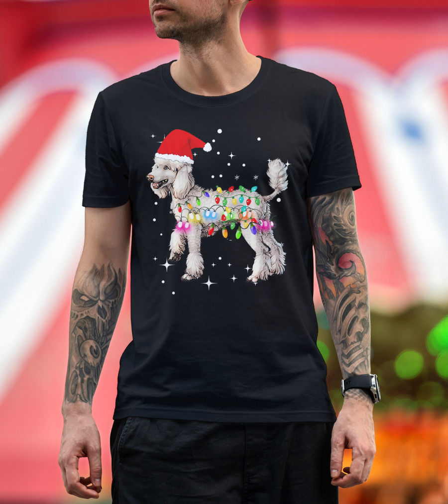 Christmas Lights Poodle Dog Santa Hat Festive Holiday T-Shirt
