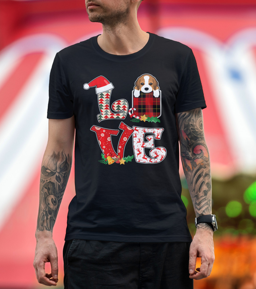 LOVE Beagle Dog Christmas Pocket Santa Hat T-Shirt