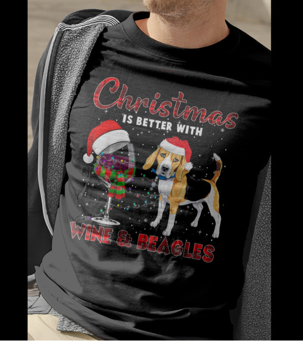 Christmas Is Better With Wine And Beagles Santa Hat Lights T-Shirt