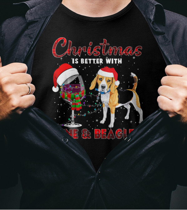 Christmas Is Better With Wine And Beagles Santa Hat Lights T-Shirt