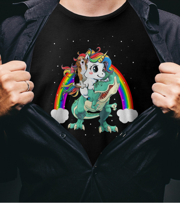Beagle Dog Unicorn On Dinosaur Rex With Rainbow T-Shirt